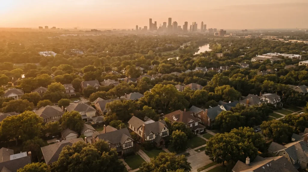 Aerial view of tree-lined Austin streets with towers in the distance