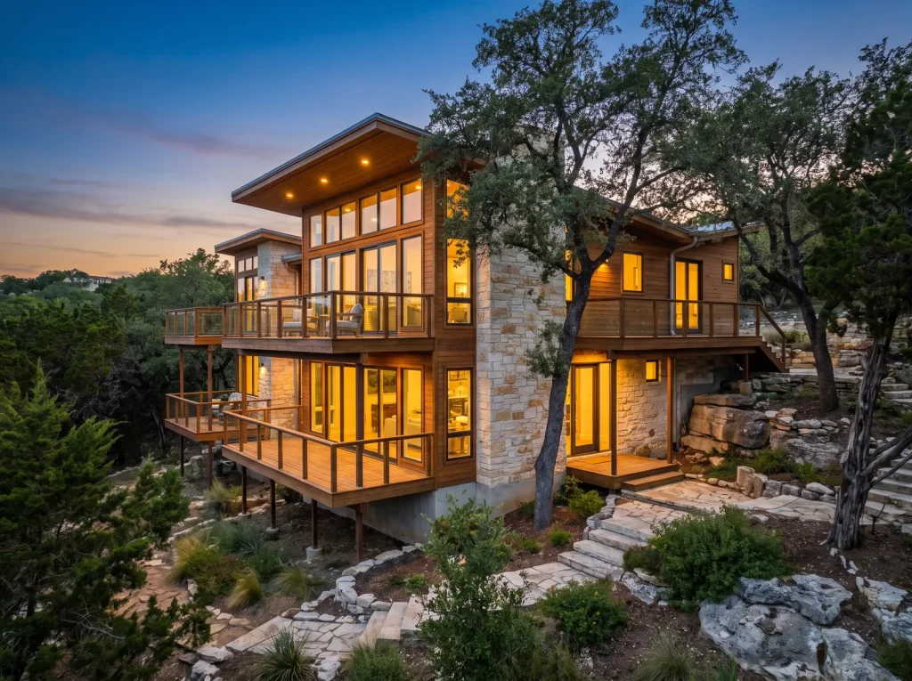 Hillside contemporary home with decks among trees in the evening