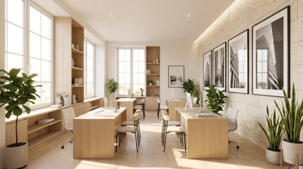 Cedar & Stone boutique office with white oak desks and a limestone wall