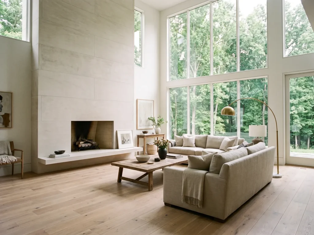 Double-height living room with a limestone fireplace