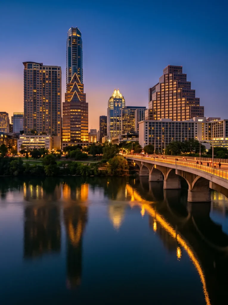 Downtown Austin skyline reflected in Lady Bird Lake at dusk