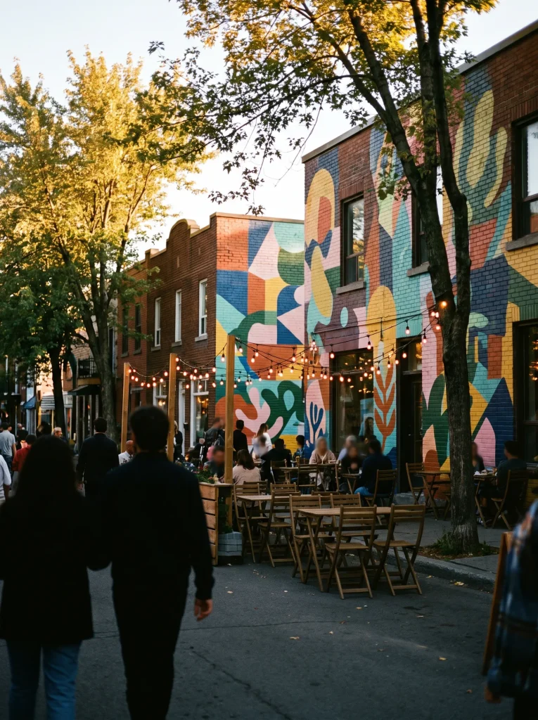 East Austin street with colourful murals and a busy patio