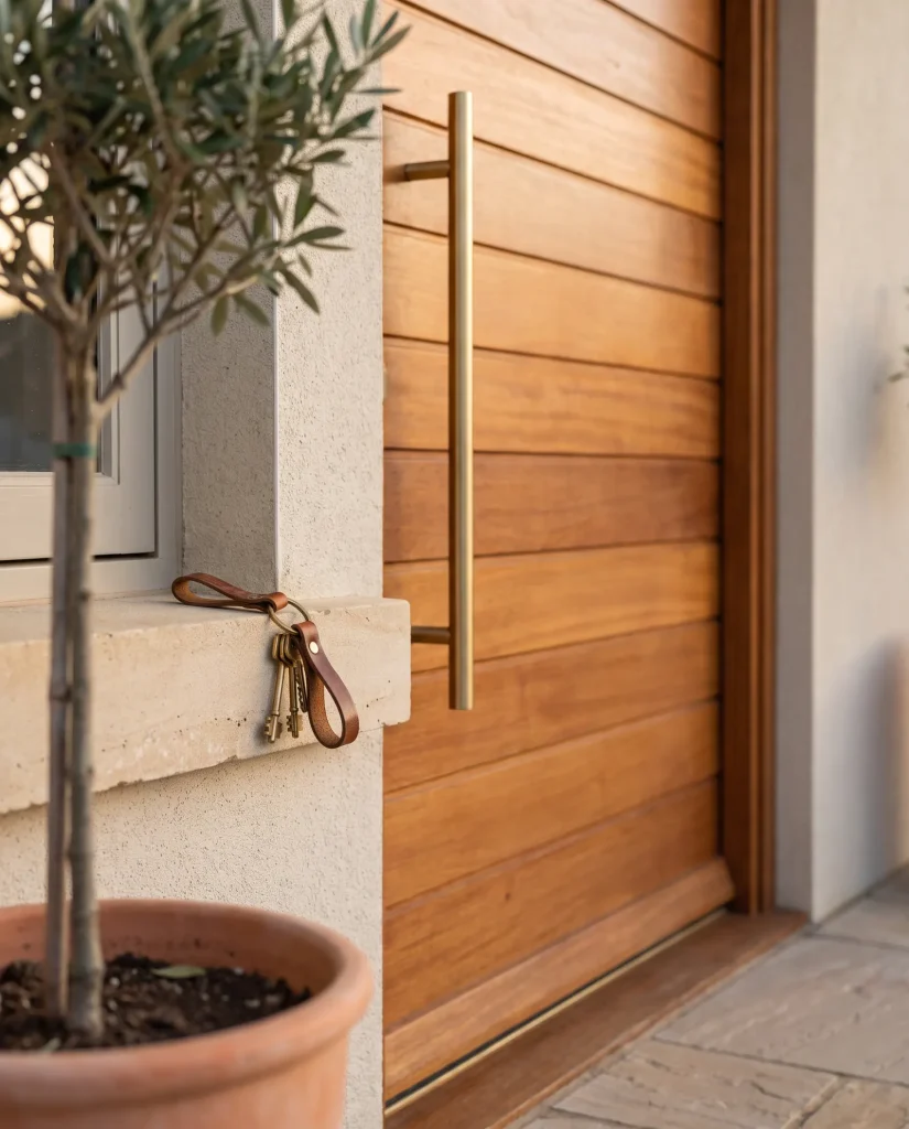 Wooden front door with a brass handle and keys resting on a limestone ledge