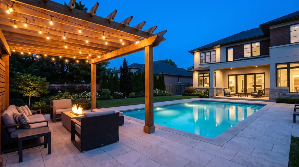Lit pool, fire pit and cedar pergola at blue hour