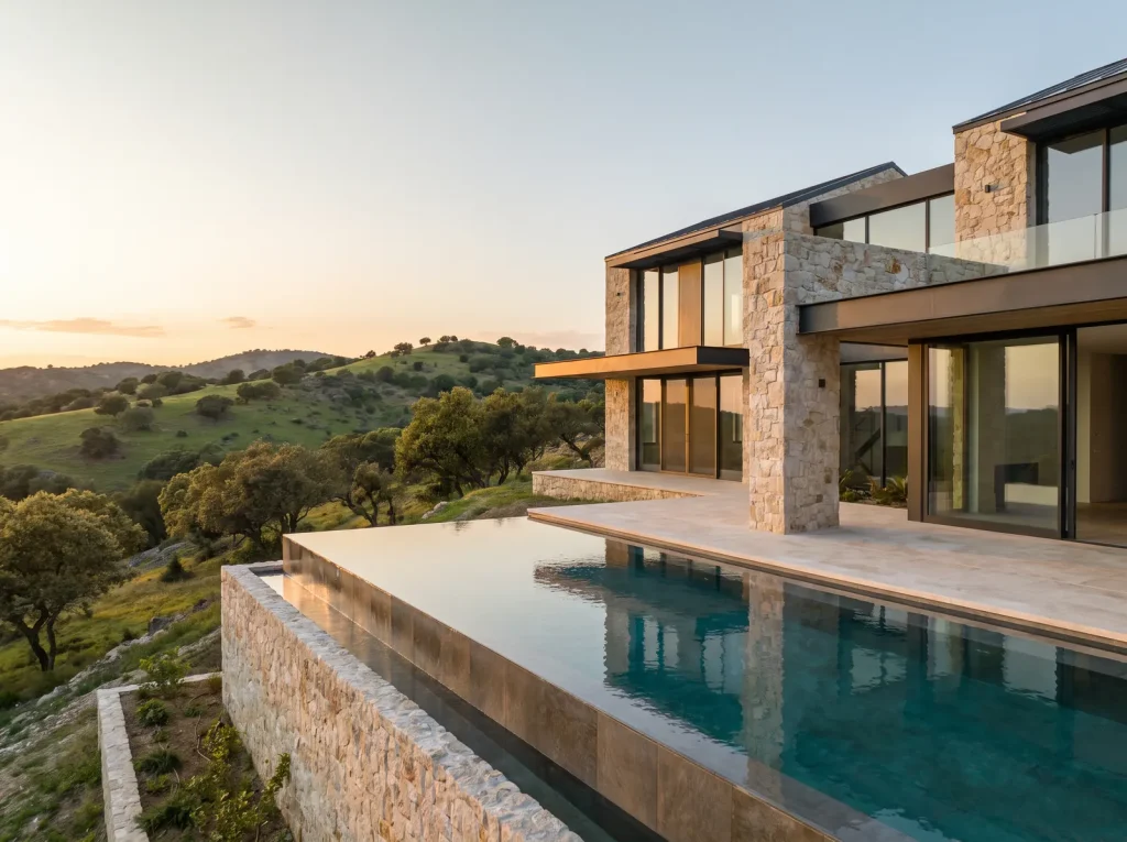 Contemporary limestone villa with an infinity pool over the Austin hills