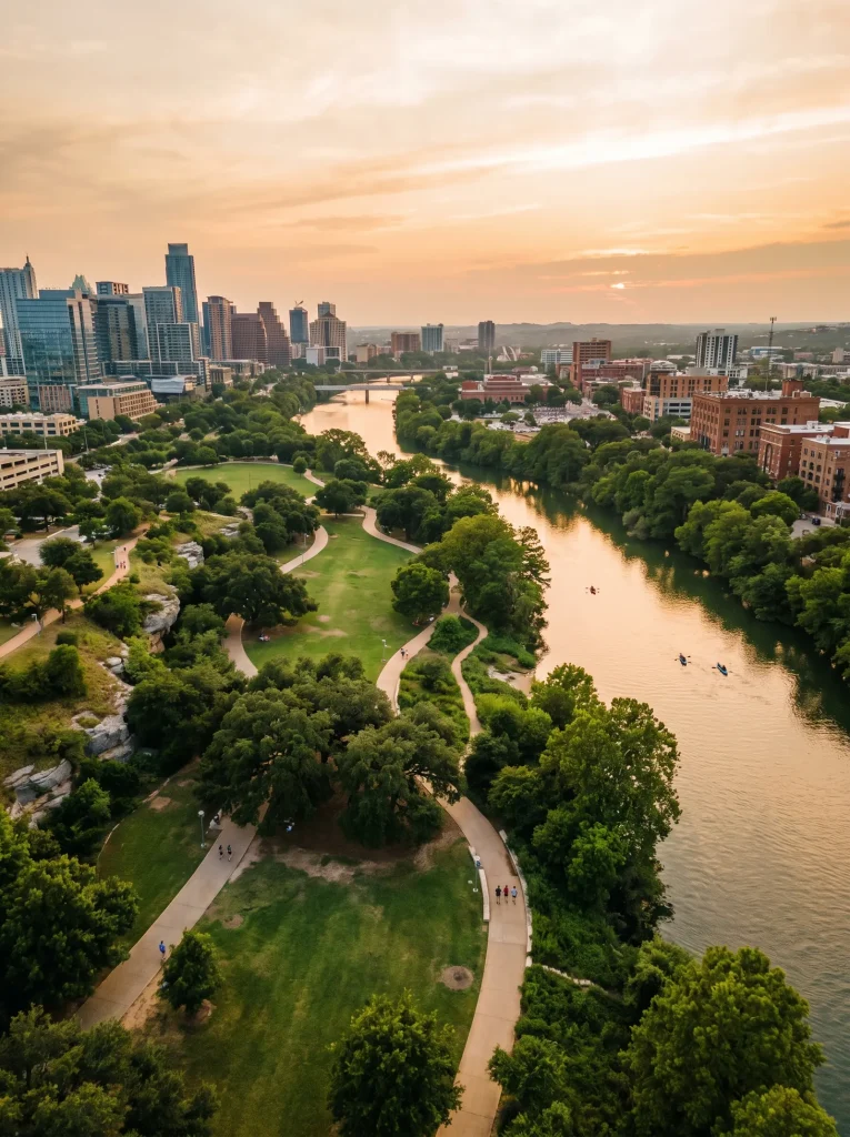 Aerial view of Zilker riverside park at sunset